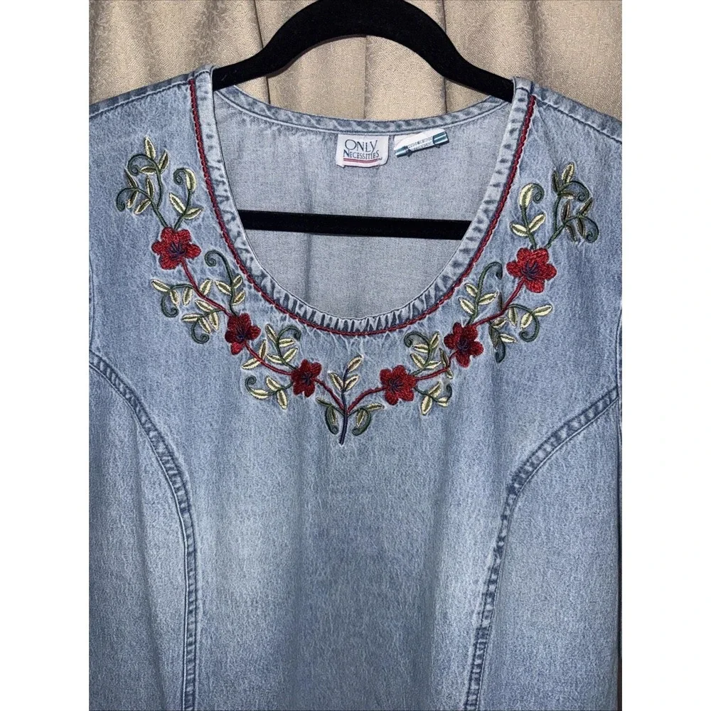 Only Necessities Granny Core Cottage Core Denim‎ Floral Embroidered Maxi Dress